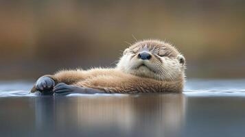 Playful otter swimming with paws raised in clear water under warm sunlight photo