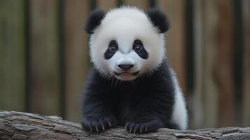Cute panda cub sitting on a tree branch in a natural habitat during daytime photo