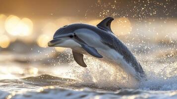 Dolphin leaps gracefully through glistening waves at sunset over the ocean photo