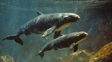 Two marine mammals swimming gracefully in a serene underwater environment photo
