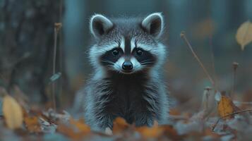 Cute raccoon standing in the forest surrounded by leaves during early evening hours photo