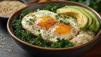 Colorful breakfast bowl with scrambled eggs, avocado, kale, and pomegranate photo