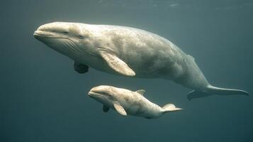Two marine mammals swimming gracefully in a serene underwater environment photo