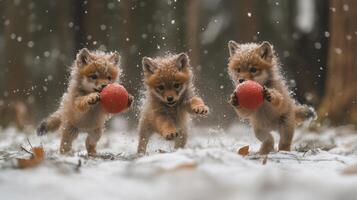 Playful fox pups joyfully chase red balls in a snowy forest setting during winter photo