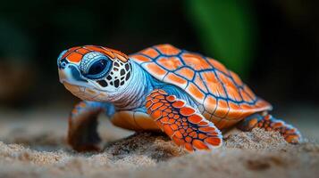 Colorful baby turtle making its way across wet sand on a sunny day photo