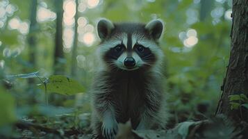 Cute raccoon standing in the forest surrounded by leaves during early evening hours photo