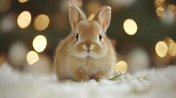 Cute white rabbit sitting on green grass in a sunny garden during springtime photo
