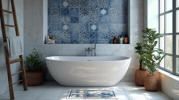 Contemporary bathroom design with freestanding tub and wooden accents creating a serene atmosphere photo
