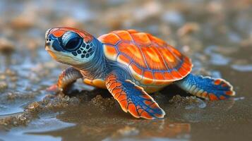 Colorful baby turtle making its way across wet sand on a sunny day photo