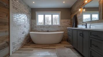 Contemporary bathroom design with freestanding tub and wooden accents creating a serene atmosphere photo