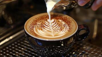 Expert barista creates latte art with intricate design in a cozy cafe setting photo