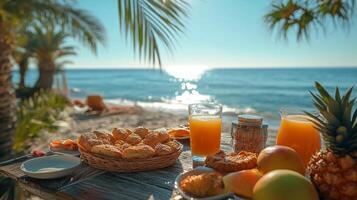 Enjoying a refreshing breakfast by the beach with tropical fruits and juices on a sunny morning photo