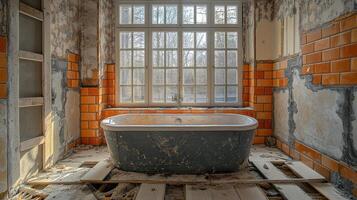 Old bathroom with a vintage bathtub in an abandoned building near a forest during daylight hours photo