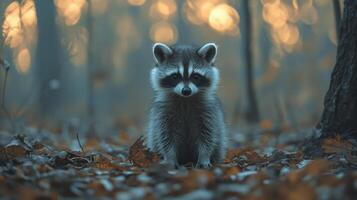 Cute raccoon standing in the forest surrounded by leaves during early evening hours photo