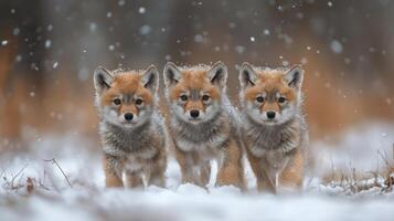 Playful fox pups joyfully chase red balls in a snowy forest setting during winter photo