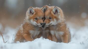 Playful fox pups joyfully chase red balls in a snowy forest setting during winter photo