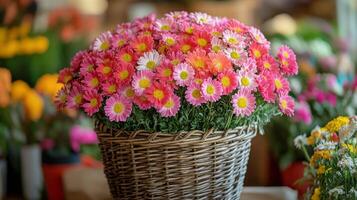 Vibrant bouquet of spring flowers in a basket set against a lush garden background photo