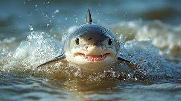 Shark swimming through shallow water with splashes at dawn in coastal area photo