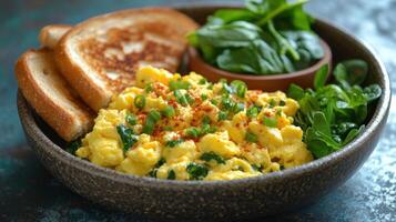 Scrambled eggs with toast and spinach served on a rustic plate for a healthy breakfast photo