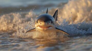 Shark swimming through shallow water with splashes at dawn in coastal area photo