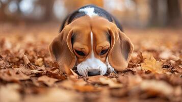 Beagle resting on autumn leaves in a foggy forest landscape photo