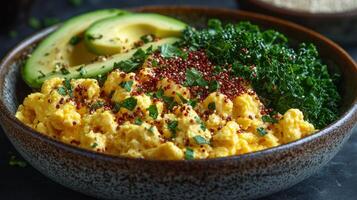 Colorful breakfast bowl with scrambled eggs, avocado, kale, and pomegranate photo