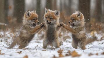 Playful fox pups joyfully chase red balls in a snowy forest setting during winter photo
