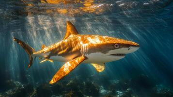 Shark swimming gracefully in clear blue ocean waters with sun rays filtering through photo