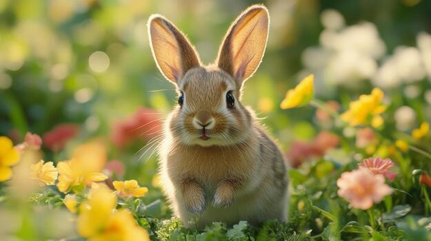 Cute rabbit resting on soft pink pom-poms in a cozy setting during daylight photo
