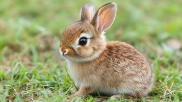 Cute white rabbit sitting on green grass in a sunny garden during springtime photo