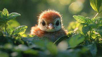 Tiny bird chick peeks through lush green foliage in a serene natural setting photo