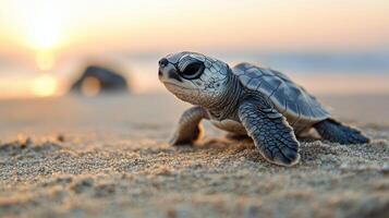 Colorful baby turtle making its way across wet sand on a sunny day photo