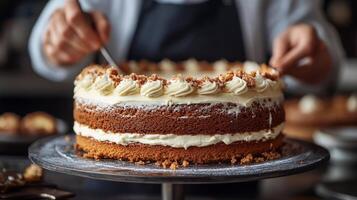 Baker creates intricate frosting design on large wedding cake in bustling bakery photo