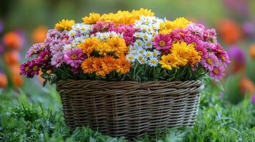 Vibrant bouquet of spring flowers in a basket set against a lush garden background photo