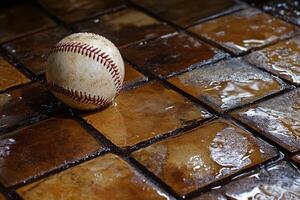 Baseball resting in puddle after rain at outdoor field during late afternoon photo