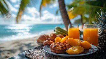 Enjoying a refreshing breakfast by the beach with tropical fruits and juices on a sunny morning photo