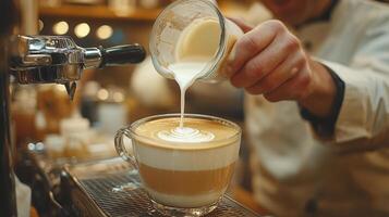 Expert barista creates latte art with intricate design in a cozy cafe setting photo