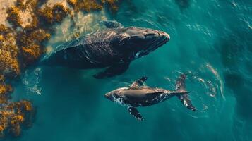 Two marine mammals swimming gracefully in a serene underwater environment photo