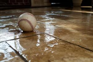 Baseball resting in puddle after rain at outdoor field during late afternoon photo