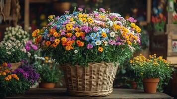 Vibrant bouquet of spring flowers in a basket set against a lush garden background photo