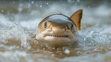 Shark swimming through shallow water with splashes at dawn in coastal area photo