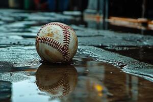 Baseball resting in puddle after rain at outdoor field during late afternoon photo