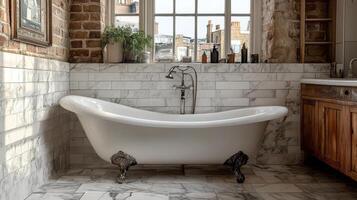 Contemporary bathroom design with freestanding tub and wooden accents creating a serene atmosphere photo