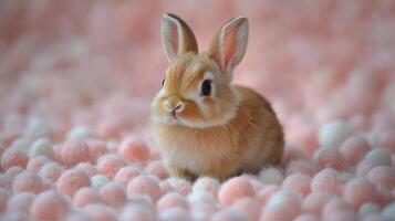 Cute rabbit resting on soft pink pom-poms in a cozy setting during daylight photo
