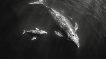 Two marine mammals swimming gracefully in a serene underwater environment photo