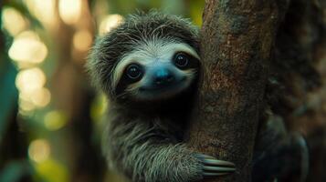Sloth resting on a tree branch in lush rainforest setting during daylight hours photo