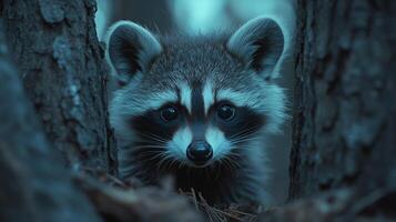 Cute raccoon standing in the forest surrounded by leaves during early evening hours photo