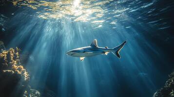 Shark swimming gracefully in clear blue ocean waters with sun rays filtering through photo