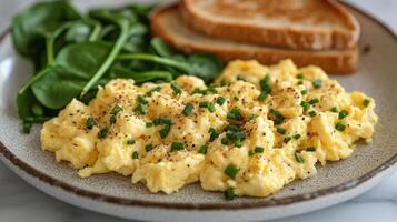 Scrambled eggs with toast and spinach served on a rustic plate for a healthy breakfast photo