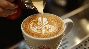 Expert barista creates latte art with intricate design in a cozy cafe setting photo